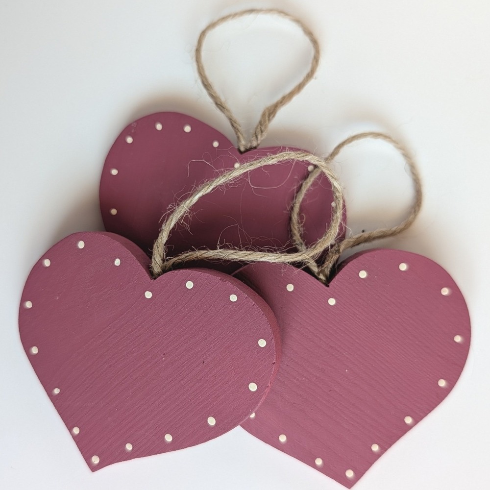 Set of 3 Wooden Heart Ornaments Mauve Pink Polka Dot Rustic Farmhouse Decor